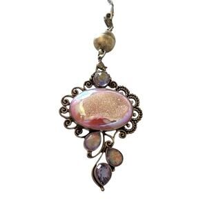Sajen 925 Sterling Pink Druzy Pendant w/ Amethyst & Opal Triplets On 925 Chain